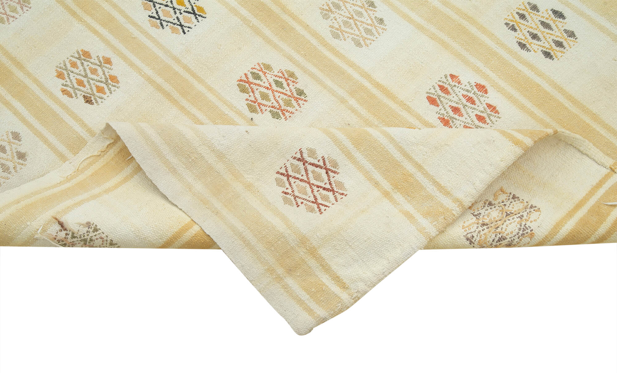 Handmade Area Rug - Anatolian Runner Rug | Beige Striped Cotton Wool Carpet 3'10''x9'7''