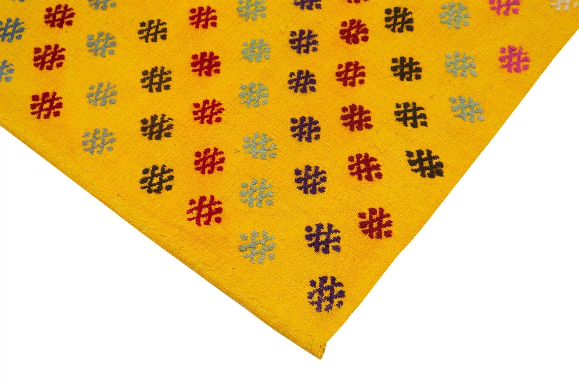 Handmade Area Rug Anatolian Runner - Yellow Striped Cotton Wool Carpet 3'11''x12'2''