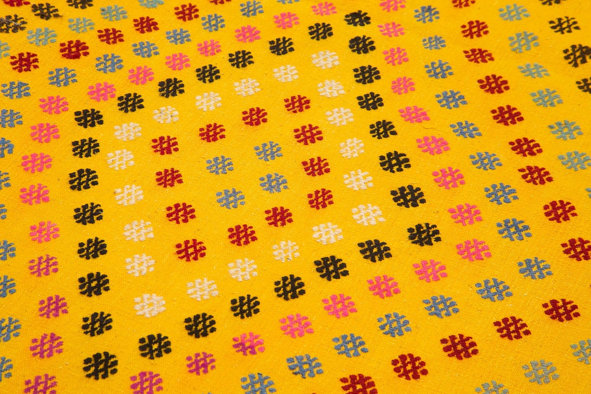 Handmade Area Rug Anatolian Runner - Yellow Striped Cotton Wool Carpet 3'11''x12'2''