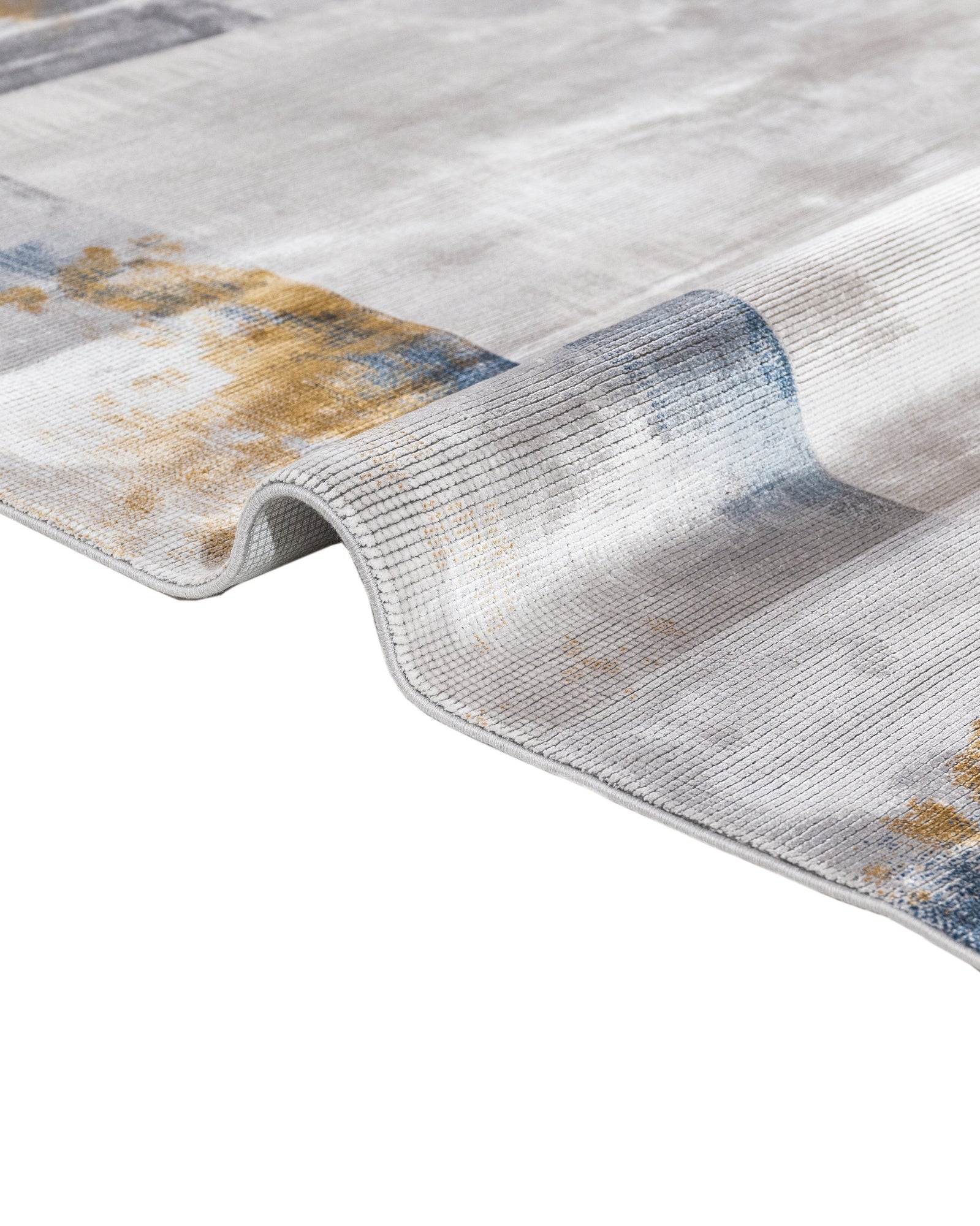 Blue Viscose Area Rug – Machine Made Frame Style Rug with Fringed Edges