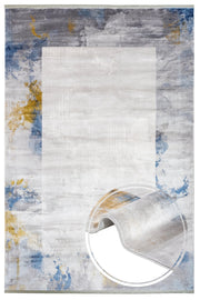 Blue Viscose Area Rug – Machine Made Frame Style Rug with Fringed Edges