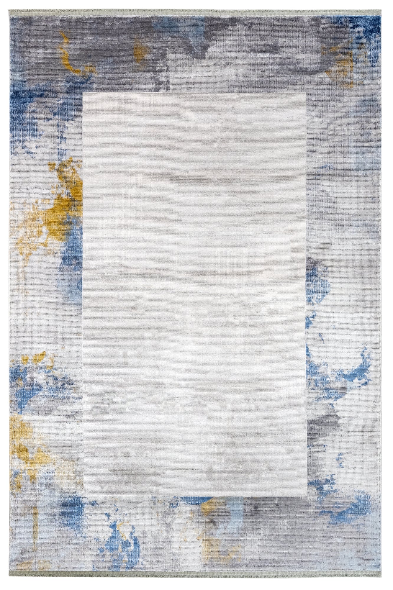 Blue Viscose Area Rug – Machine Made Frame Style Rug with Fringed Edges