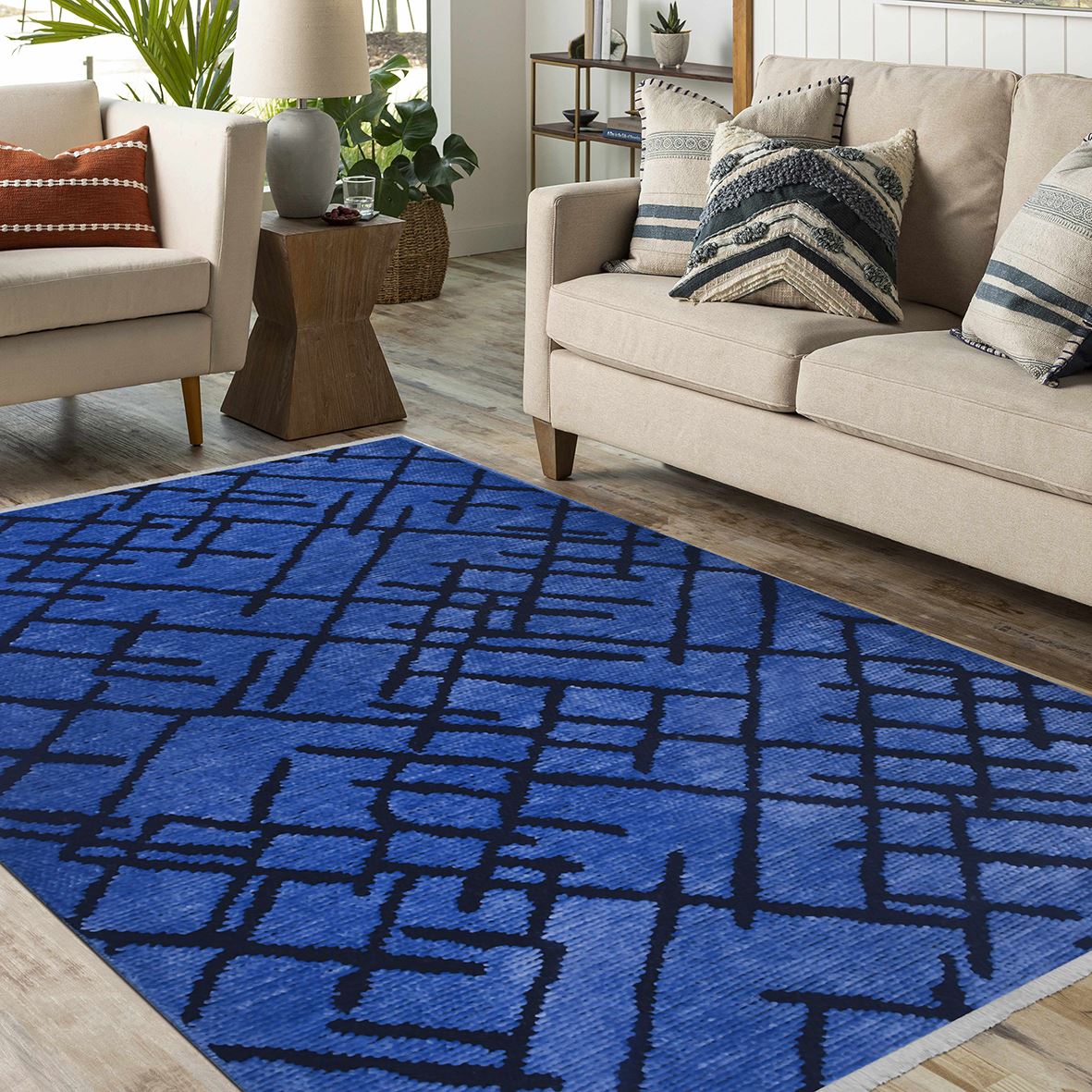 Navy Geometric Area Rug – Durable Cotton Rug with Natural Latex Backing, 7 mm Pile