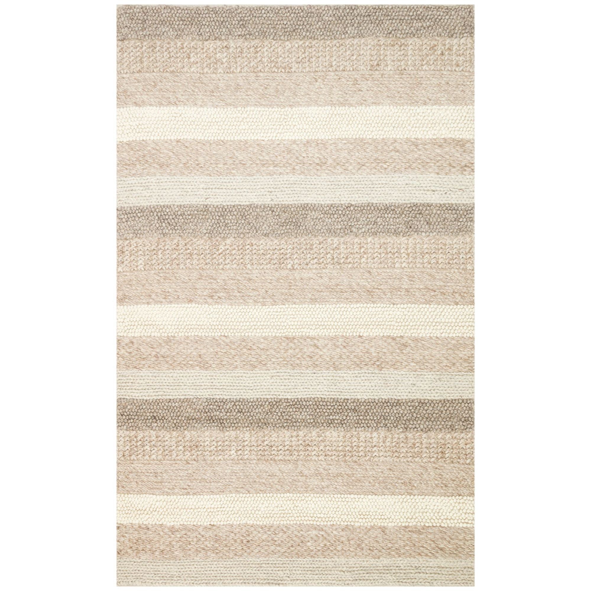 Hand-Knitted Rug – Beige Striped Natural Woven Carpet With Soft Texture