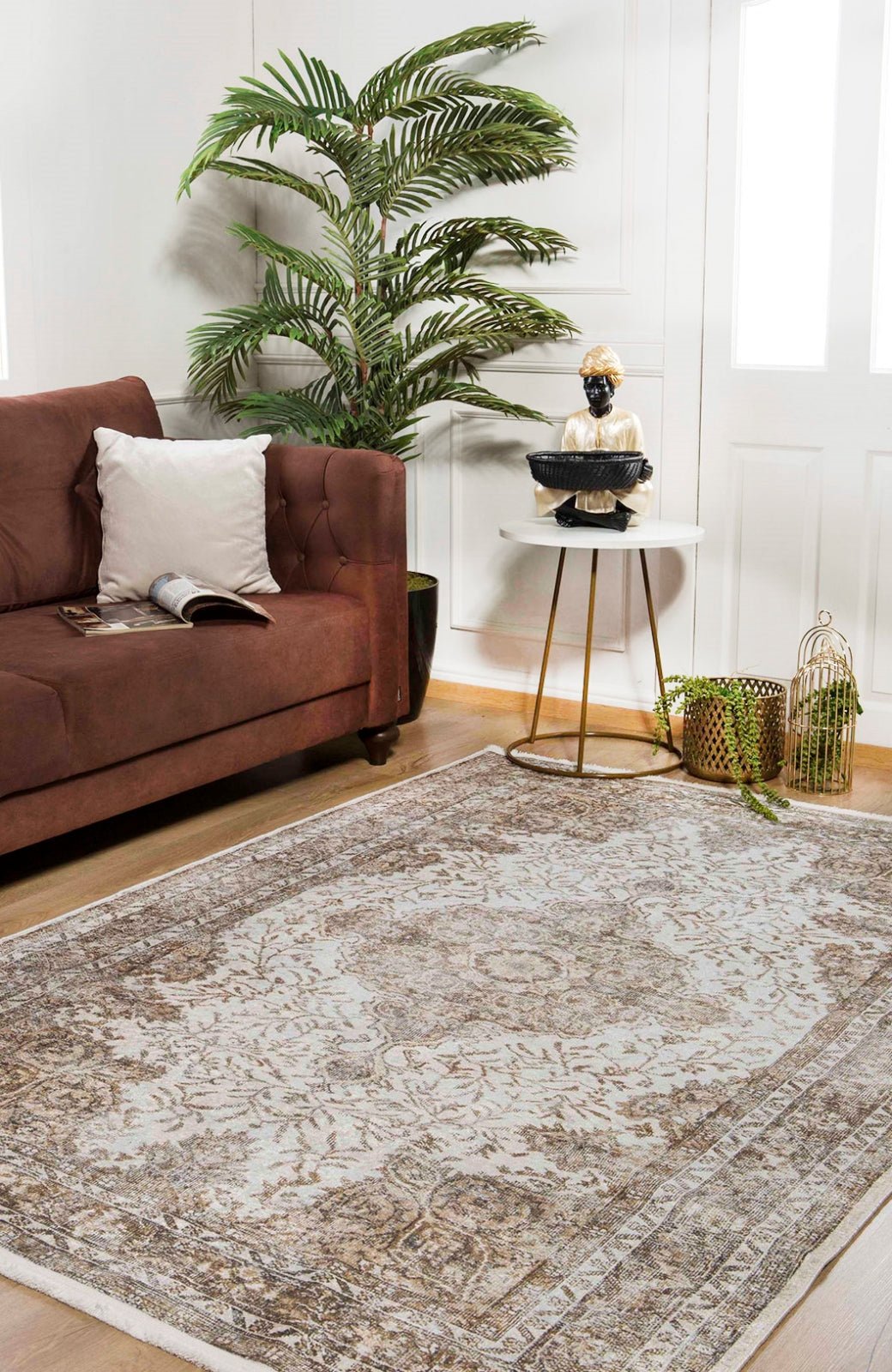 Digital Print Area Rug – Classic Cream Non Slip Washable Carpet for Living Room