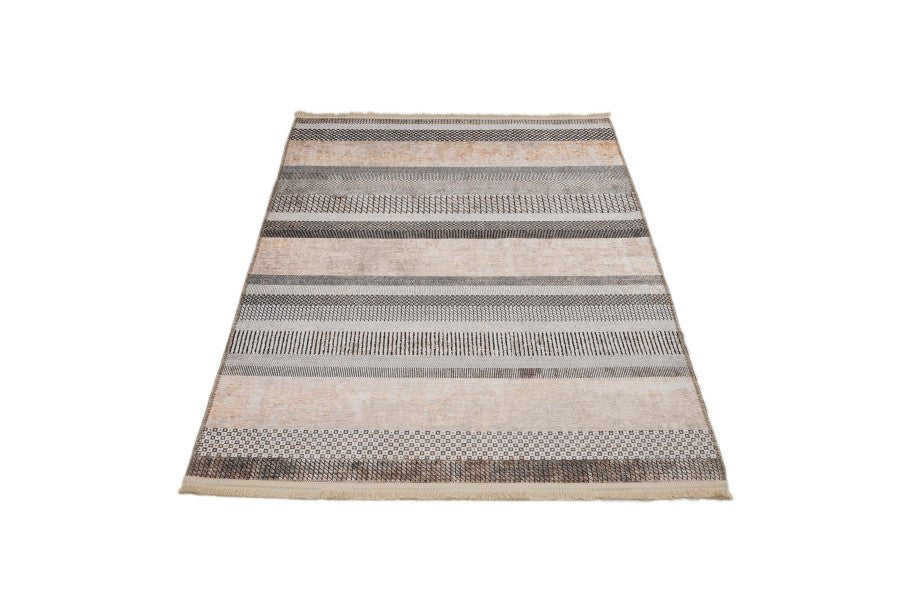 Beige Striped Area Rug – Cotton Chenille Digital Print Carpet for Modern Living Room