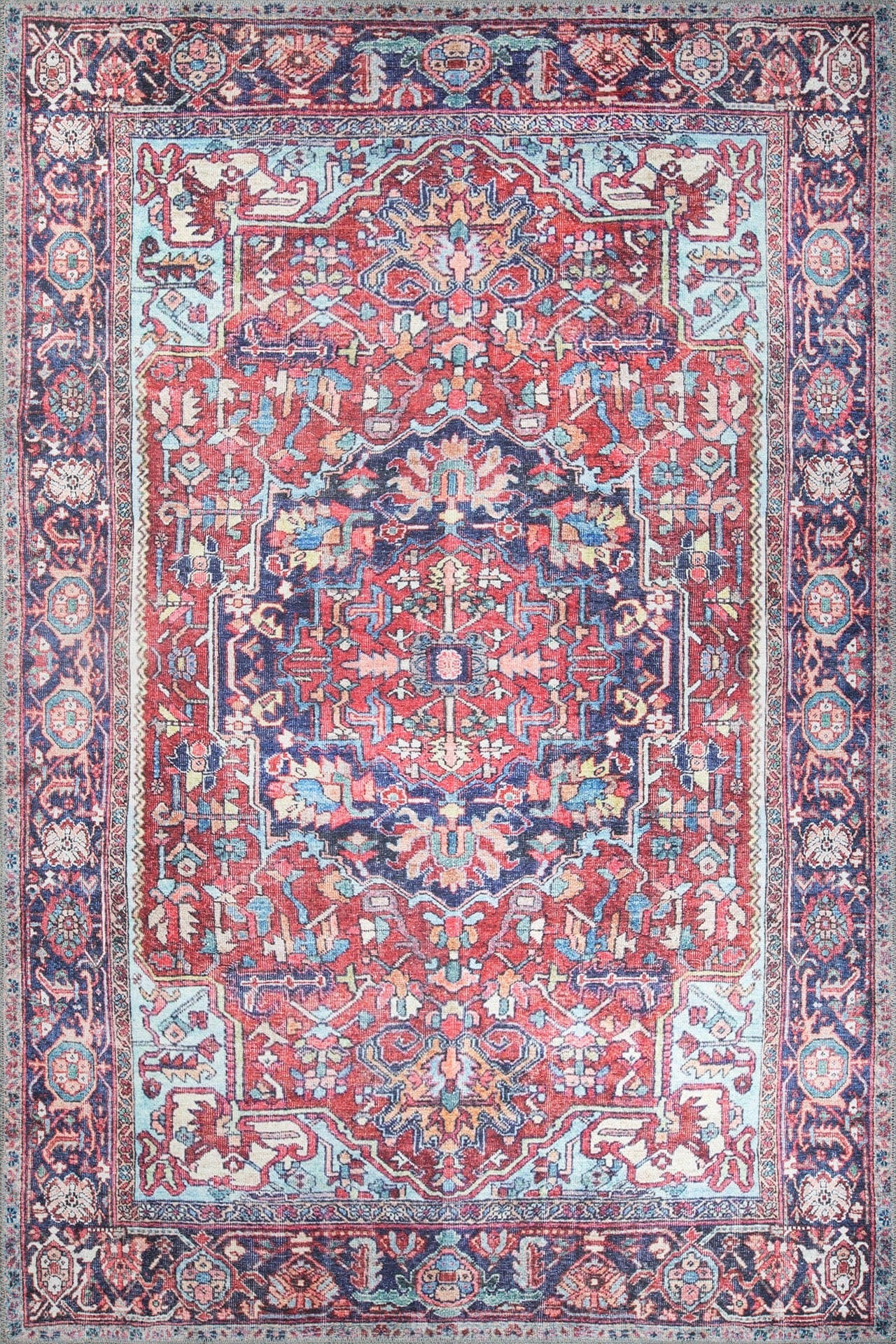 Digital Print Area Rug – Washable Non Slip Burgundy Cotton Medallion Carpet
