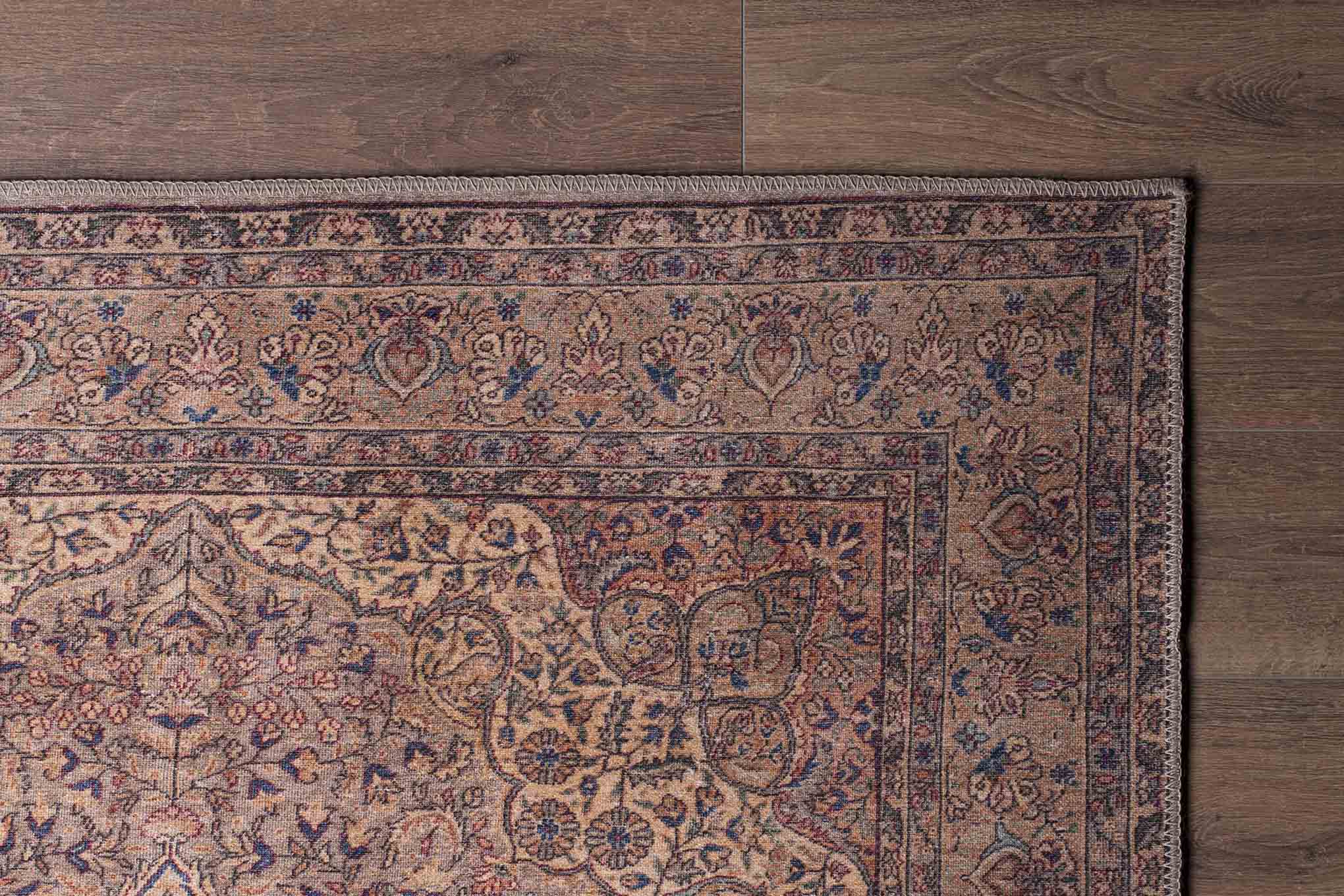 Digital Print Area Rug - Washable Non Slip Cotton Brown Medallion Carpet