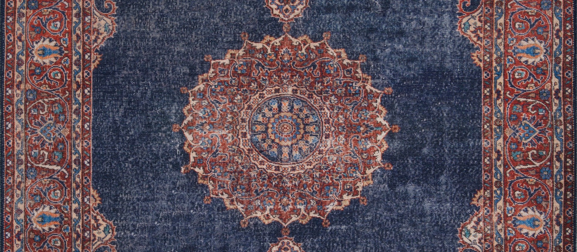 Navy Medallion Area Rug - Washable Non Slip Cotton Area Rug for Living Room