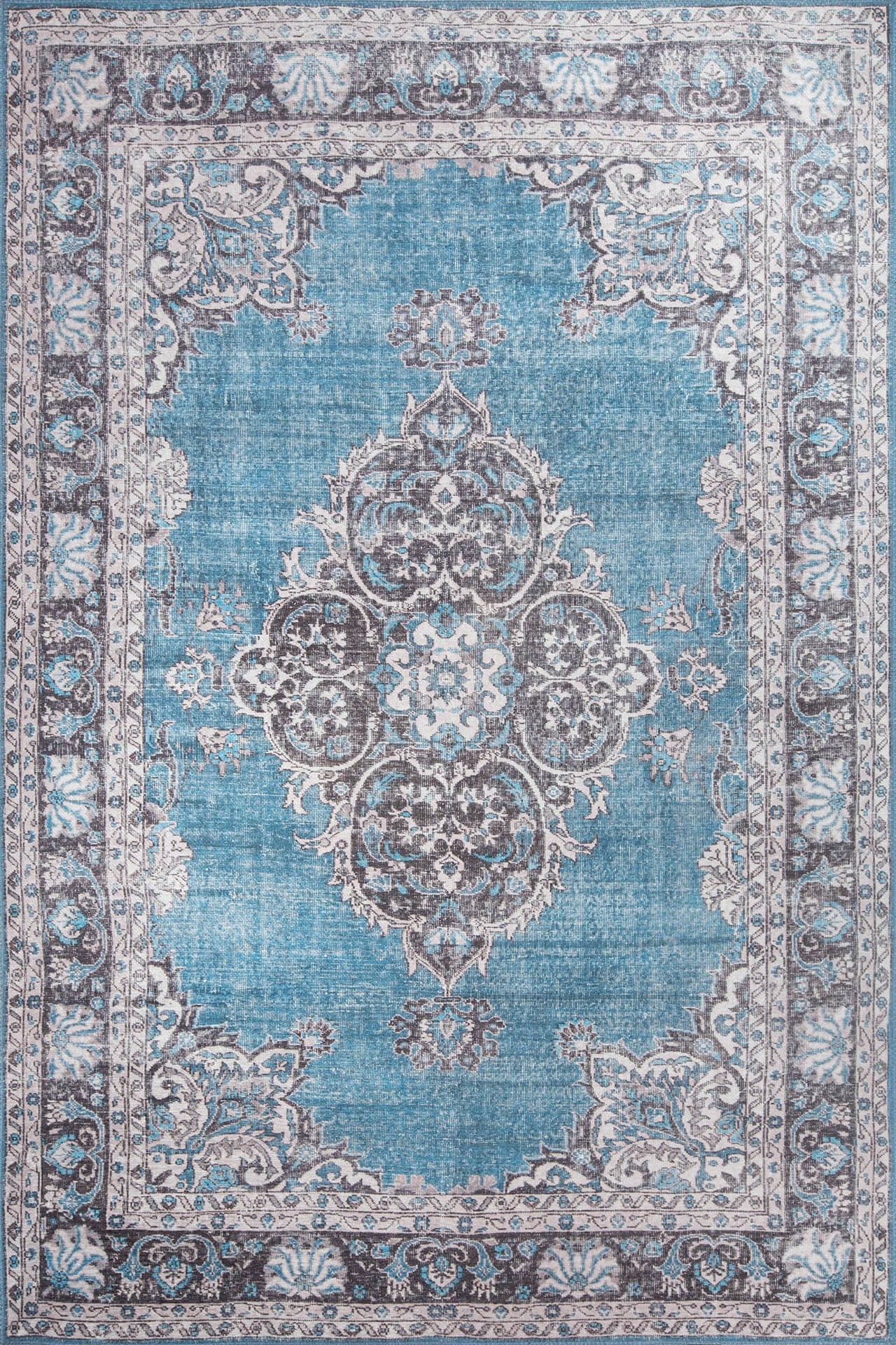 Digital Print Area Rug - Blue Medallion Cotton Washable Non Slip Carpet