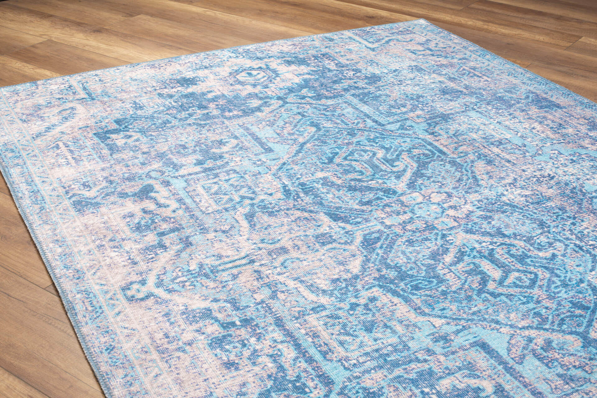 Blue Vintage Area Rug – Washable Non Slip Cotton Microfiber Floor Rug for Living Room