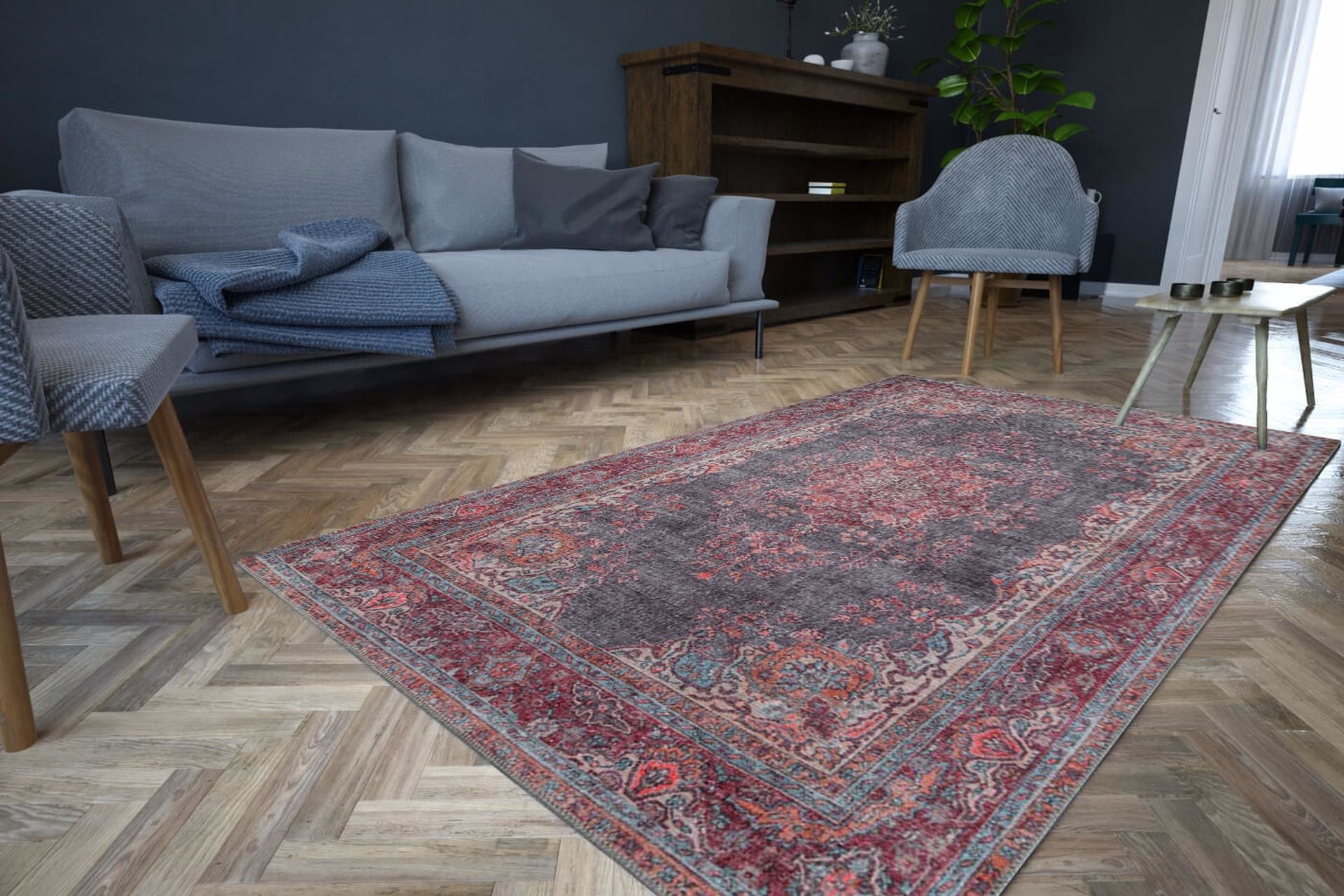 Burgundy Medallion Area Rug – Washable Non Slip Cotton Microfiber Carpet