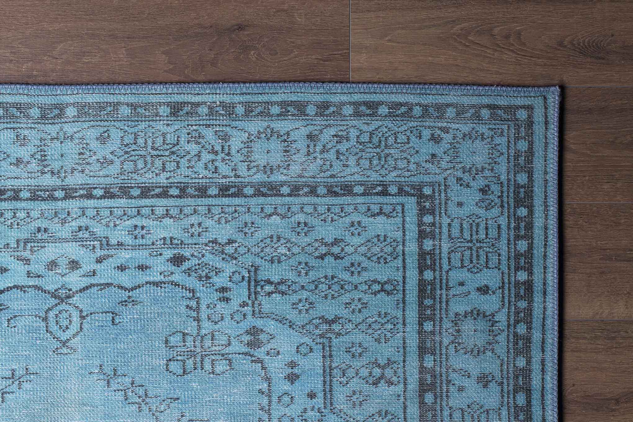 Digital Print Area Rug – Washable Non Slip Turquoise Medallion Cotton Carpet