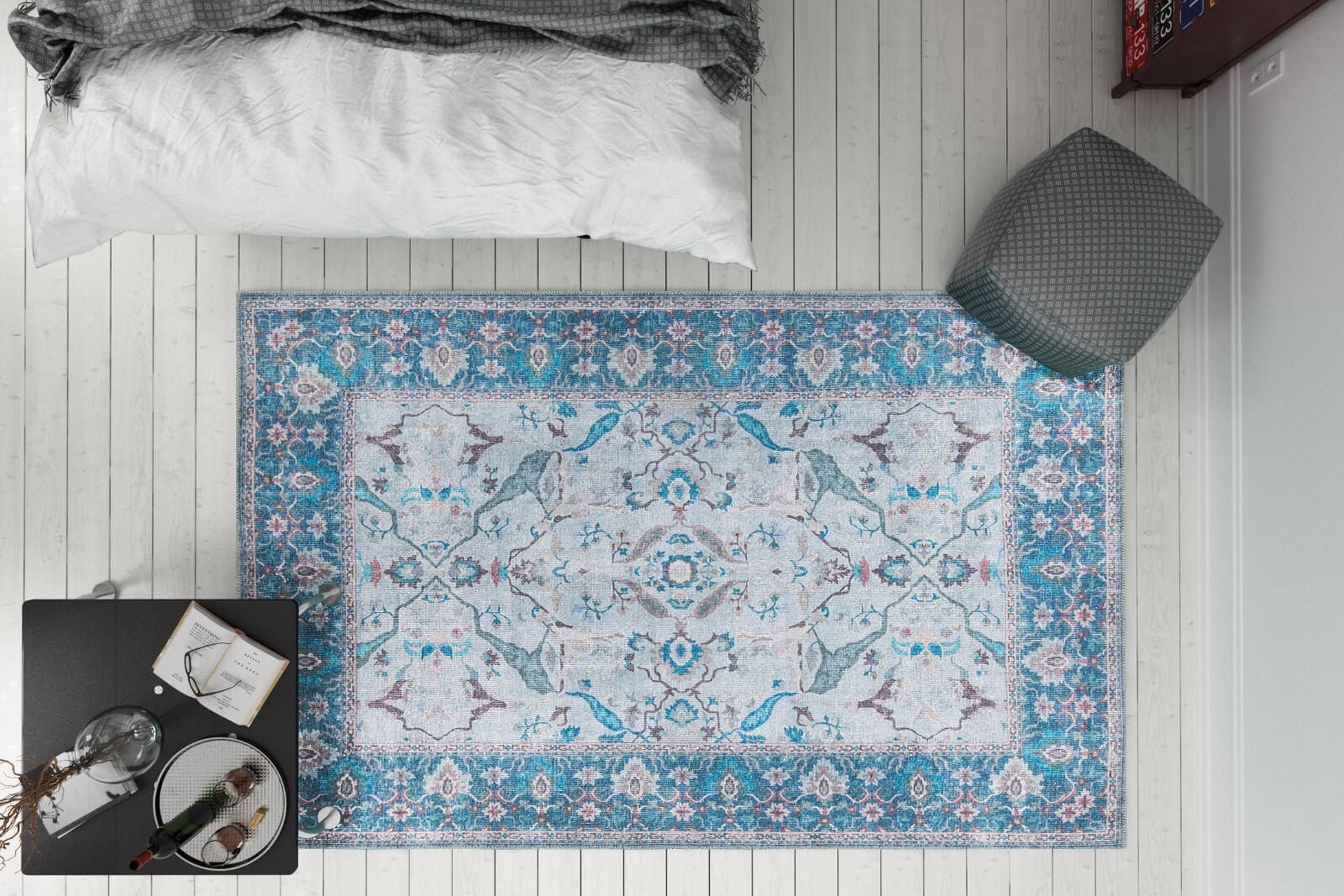 Vintage Cotton Area Rug – Washable Non Slip Blue Soft Microfiber Carpet