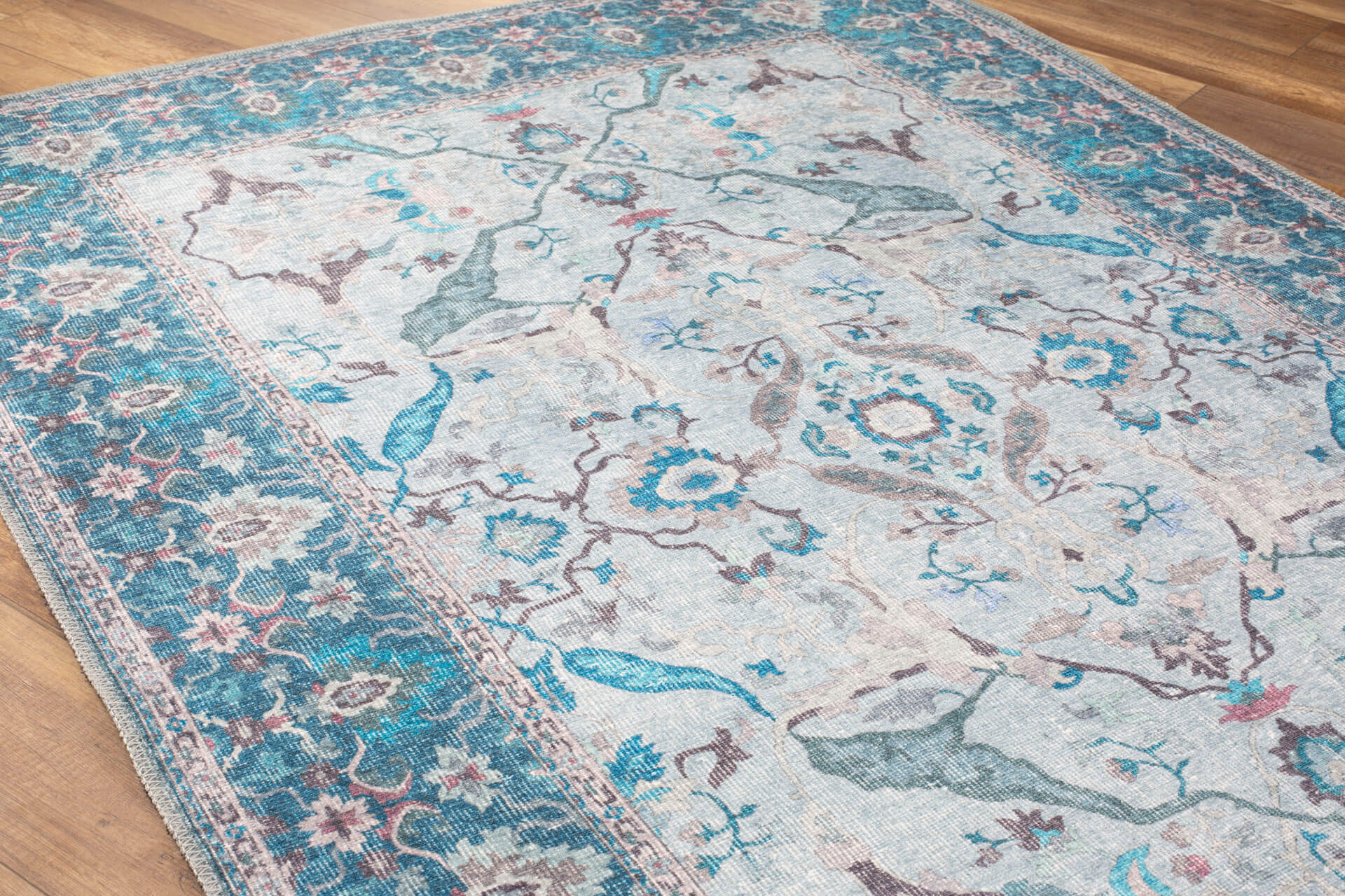 Vintage Cotton Area Rug – Washable Non Slip Blue Soft Microfiber Carpet