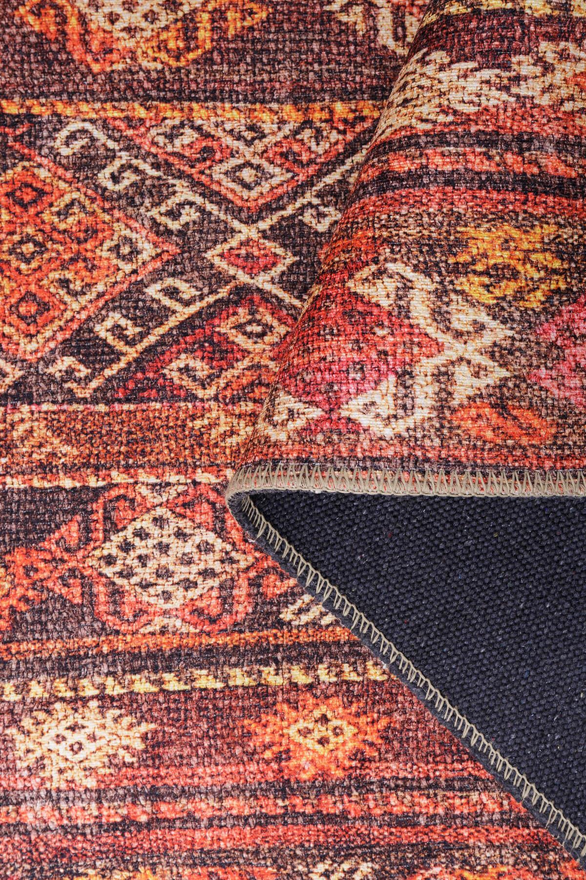 Red Ethnic Area Rug - Washable Non Slip Cotton Rug with Soft Microfiber
