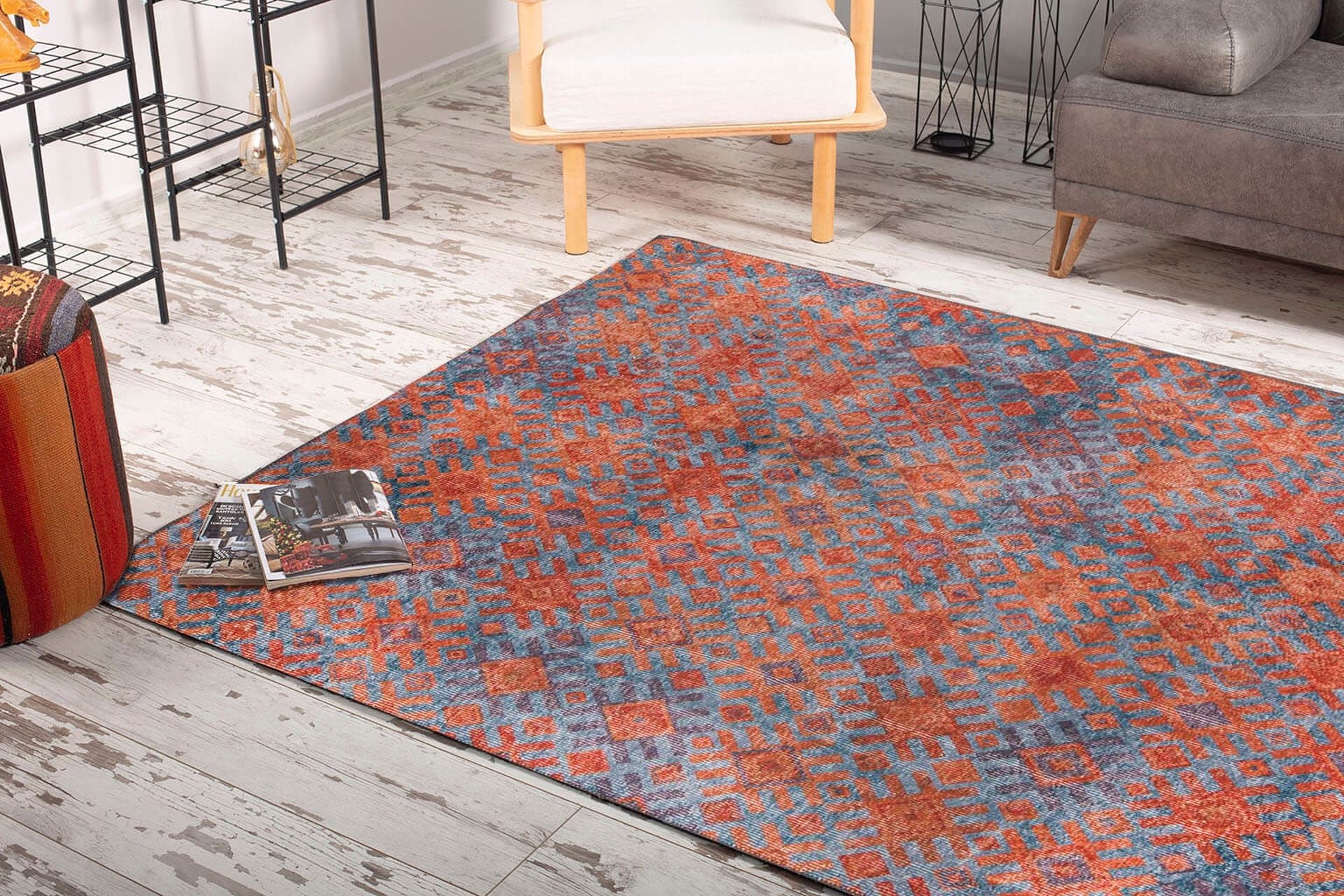 Geometric Area Rug - Orange Cotton Washable Non Slip Rug for Living Room