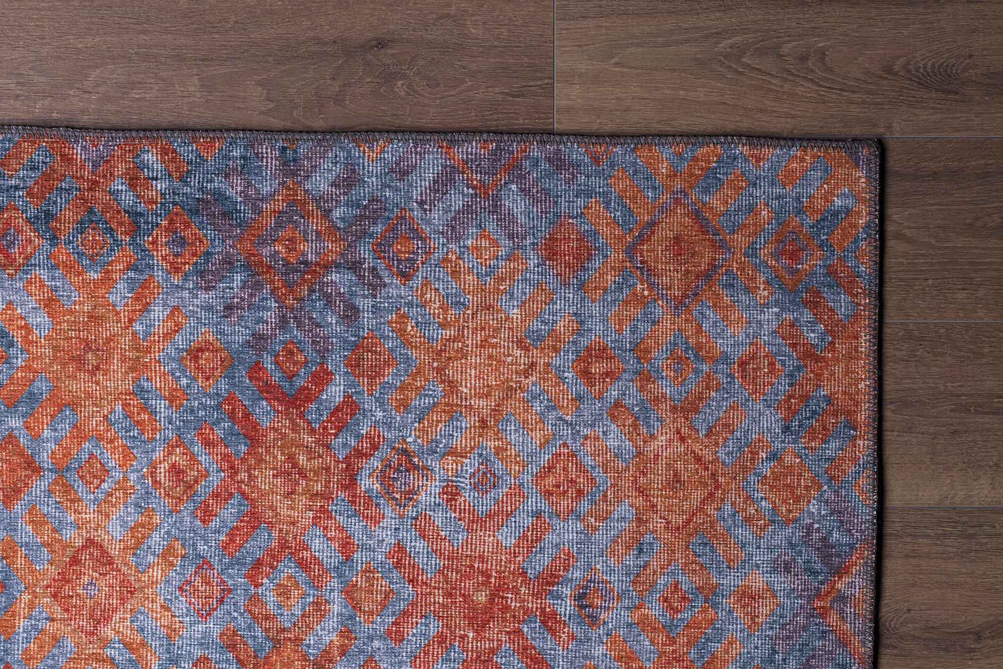 Geometric Area Rug - Orange Cotton Washable Non Slip Rug for Living Room