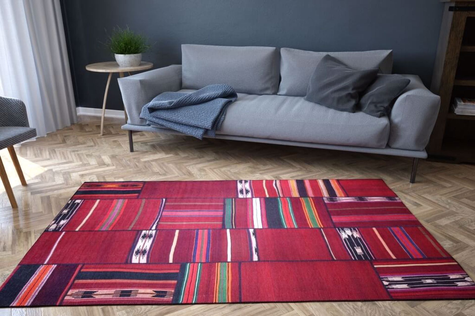 Patchwork Area Rug - Washable Non Slip Cotton Red Carpet for Living Room