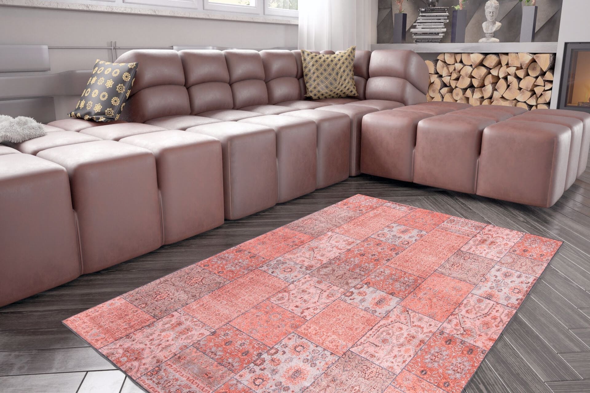 Pink Patchwork Area Rug - Washable Non Slip Cotton Microfiber Carpet for Living Room