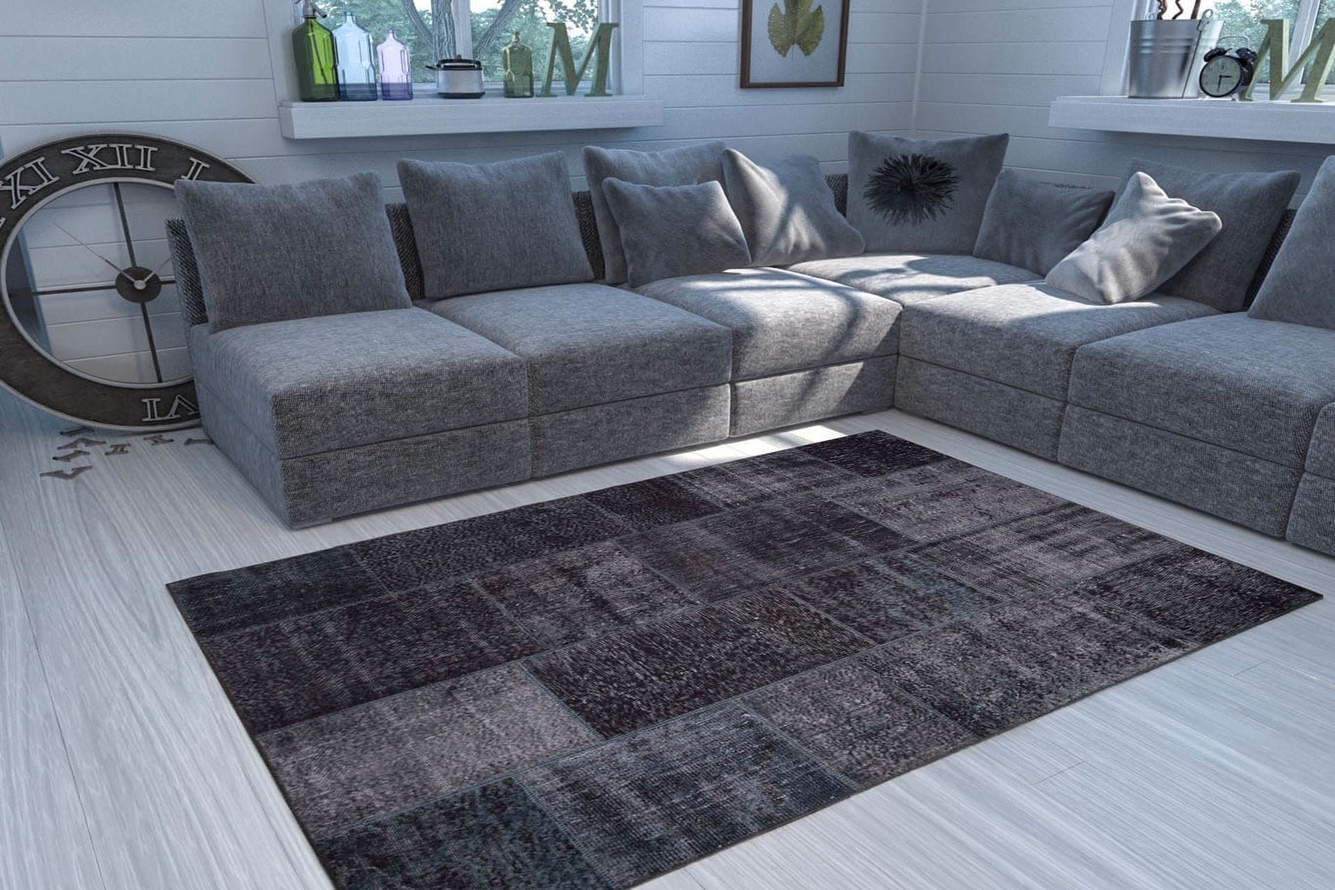 Black Patchwork Rug - Washable Non Slip Cotton Area Rug With Soft Microfiber