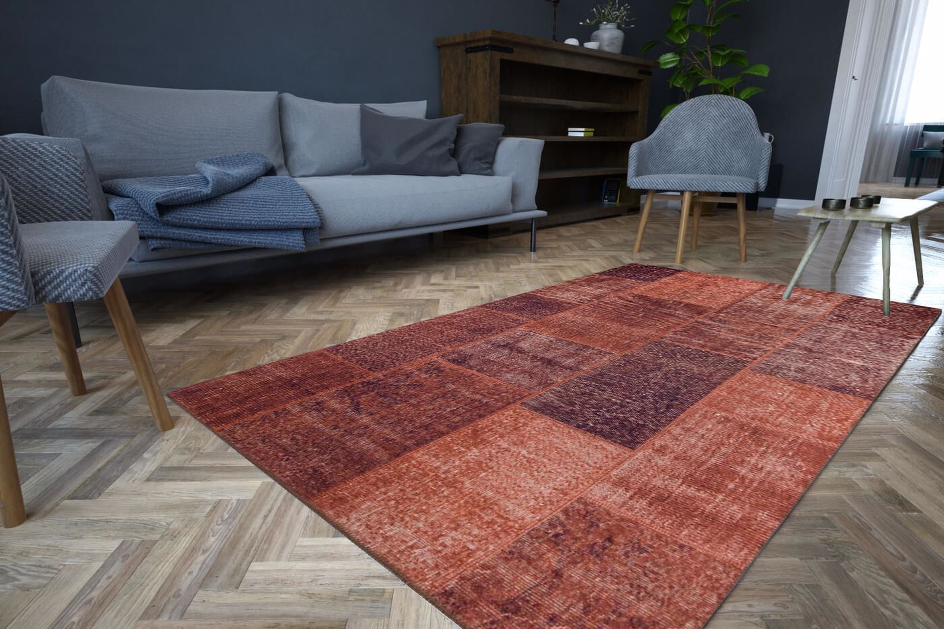 Patchwork Area Rug | Washable Non Slip Orange Cotton Carpet - Soft, Thick & Dust Resistant