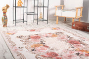 Beige Floral Area Rug – Washable Non Slip Cotton Microfiber Carpet for Living Room
