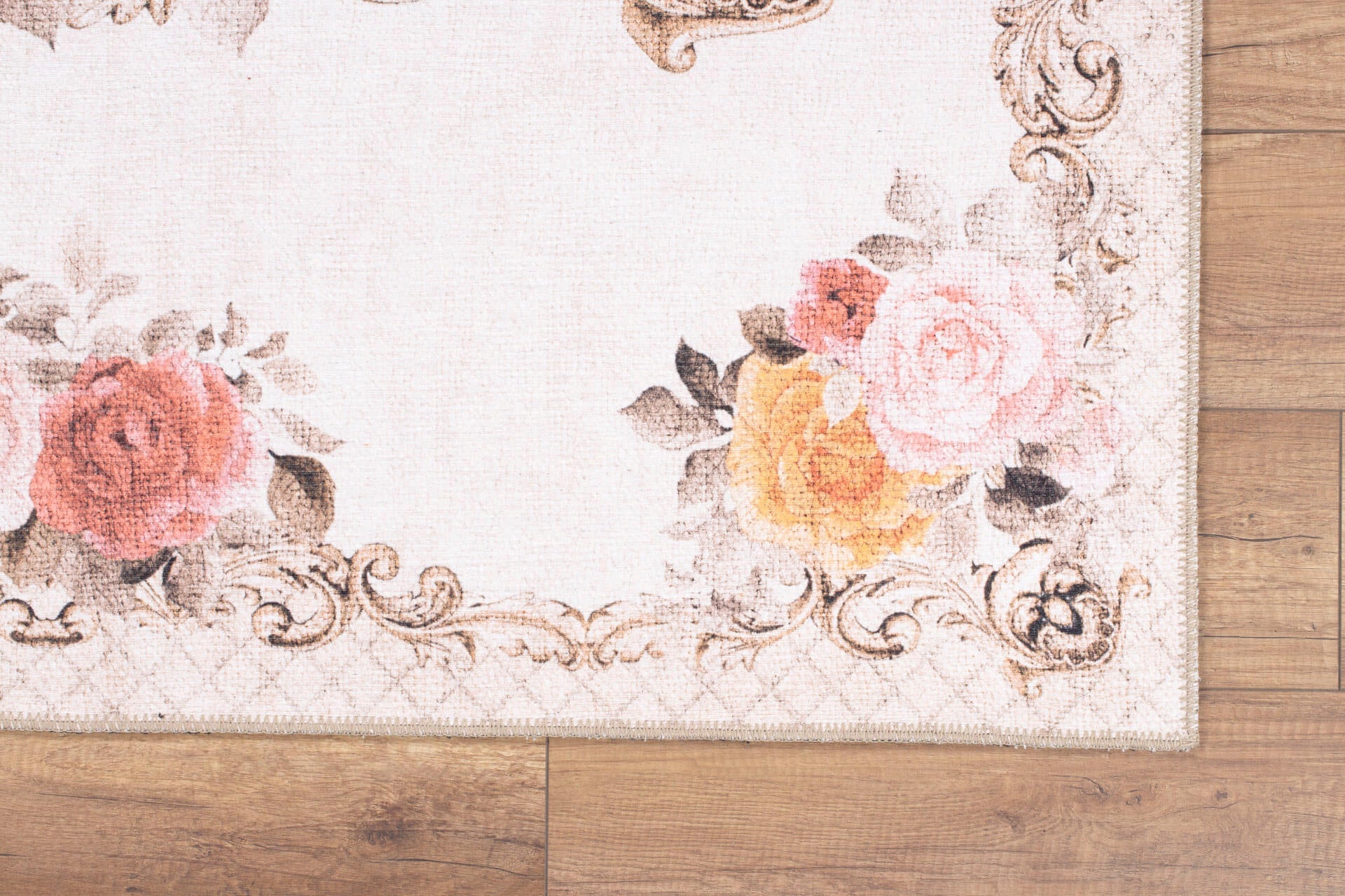 Beige Floral Area Rug – Washable Non Slip Cotton Microfiber Carpet for Living Room