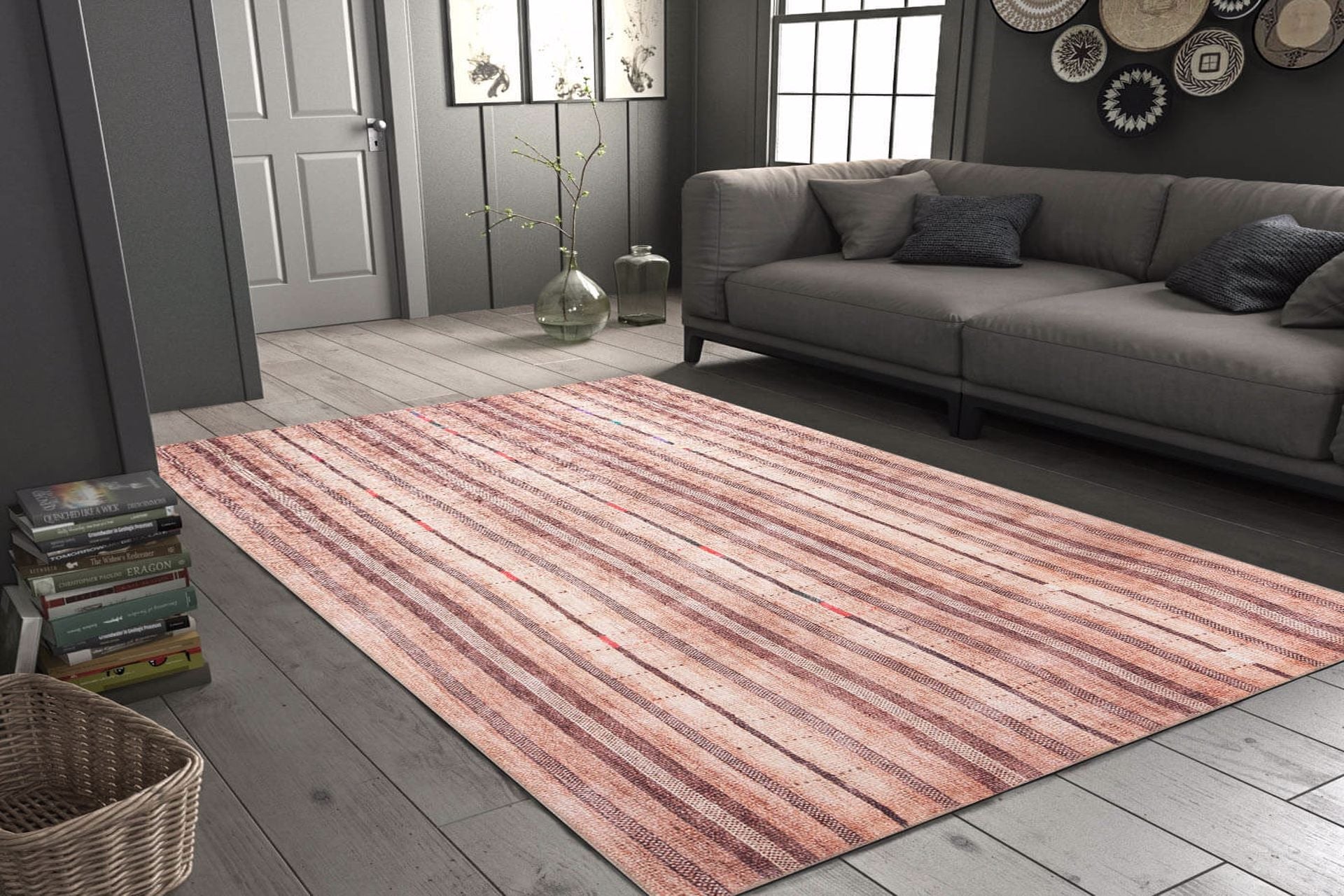 Digital Print Area Rug – Washable Non Slip Orange Striped Cotton Carpet