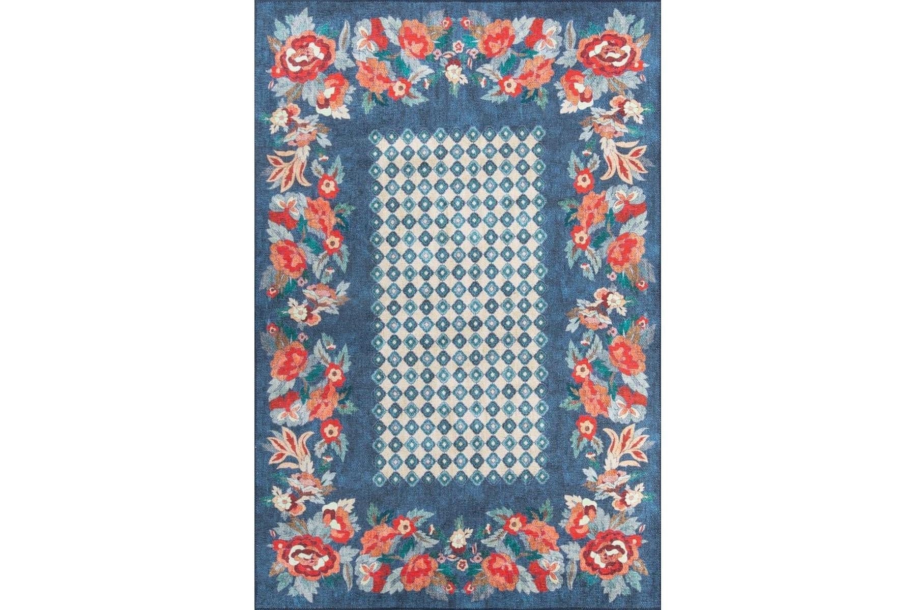 Blue Floral Area Rug – Washable Non Slip Soft Microfiber Carpet for Living Room