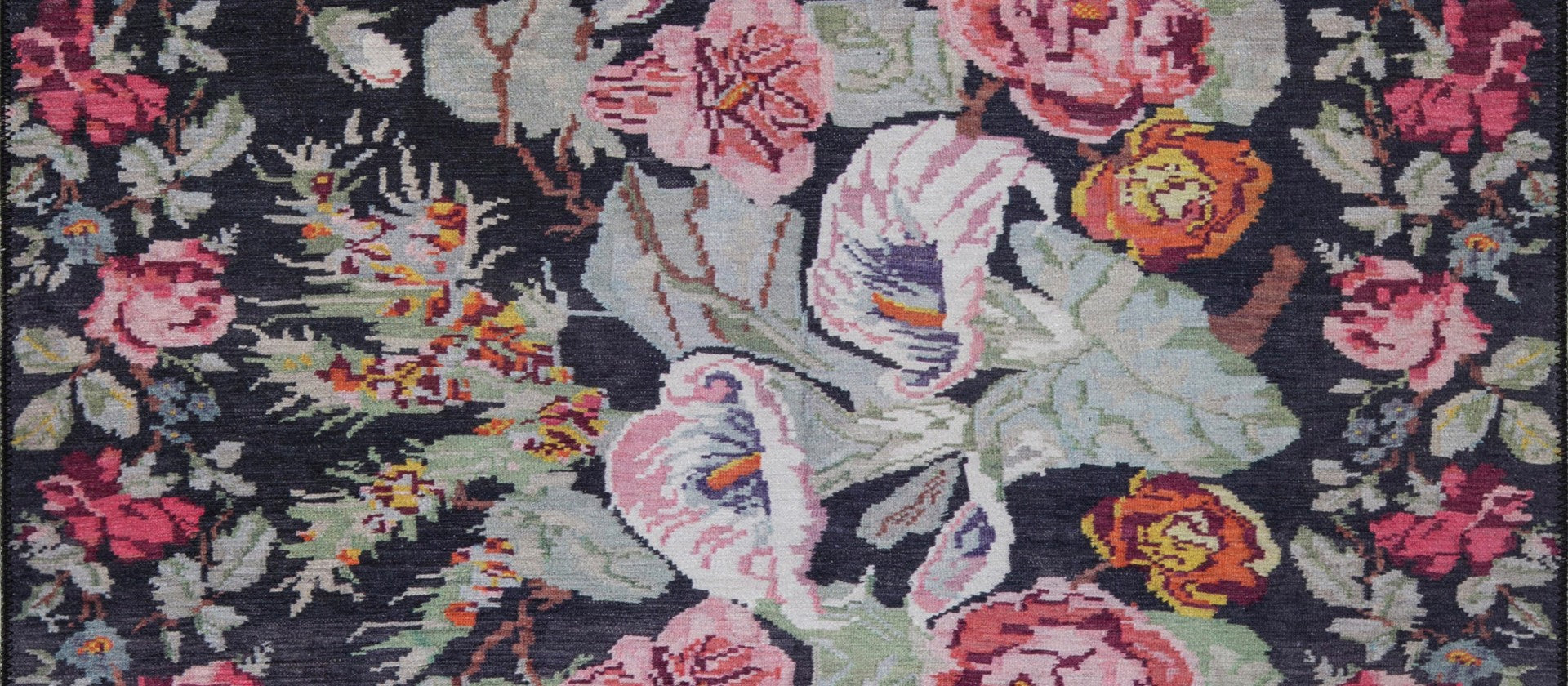 Black Floral Area Rug – Washable Non Slip Cotton Floral Pattern Carpet