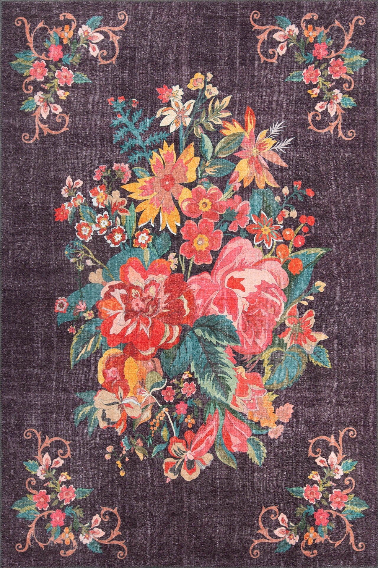 Digital Print Area Rug - Anthracite Floral Cotton Washable Non Slip Rug