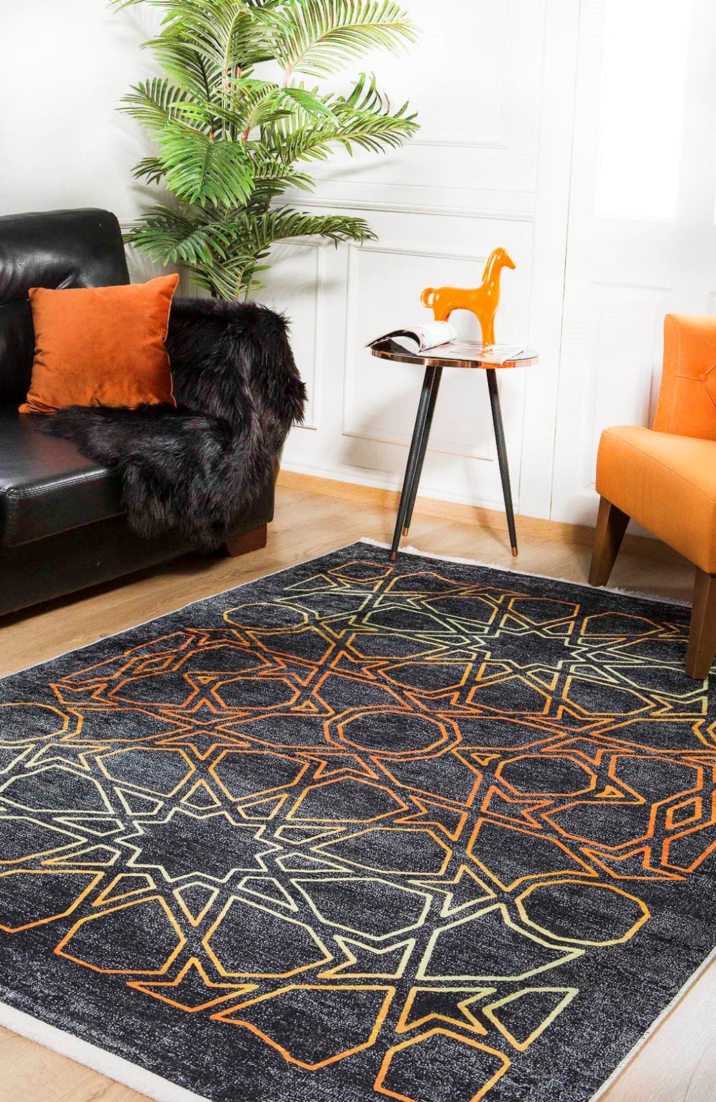 Geometric Area Rug – Anthracite Digital Print Non Slip Carpet for Living Room
