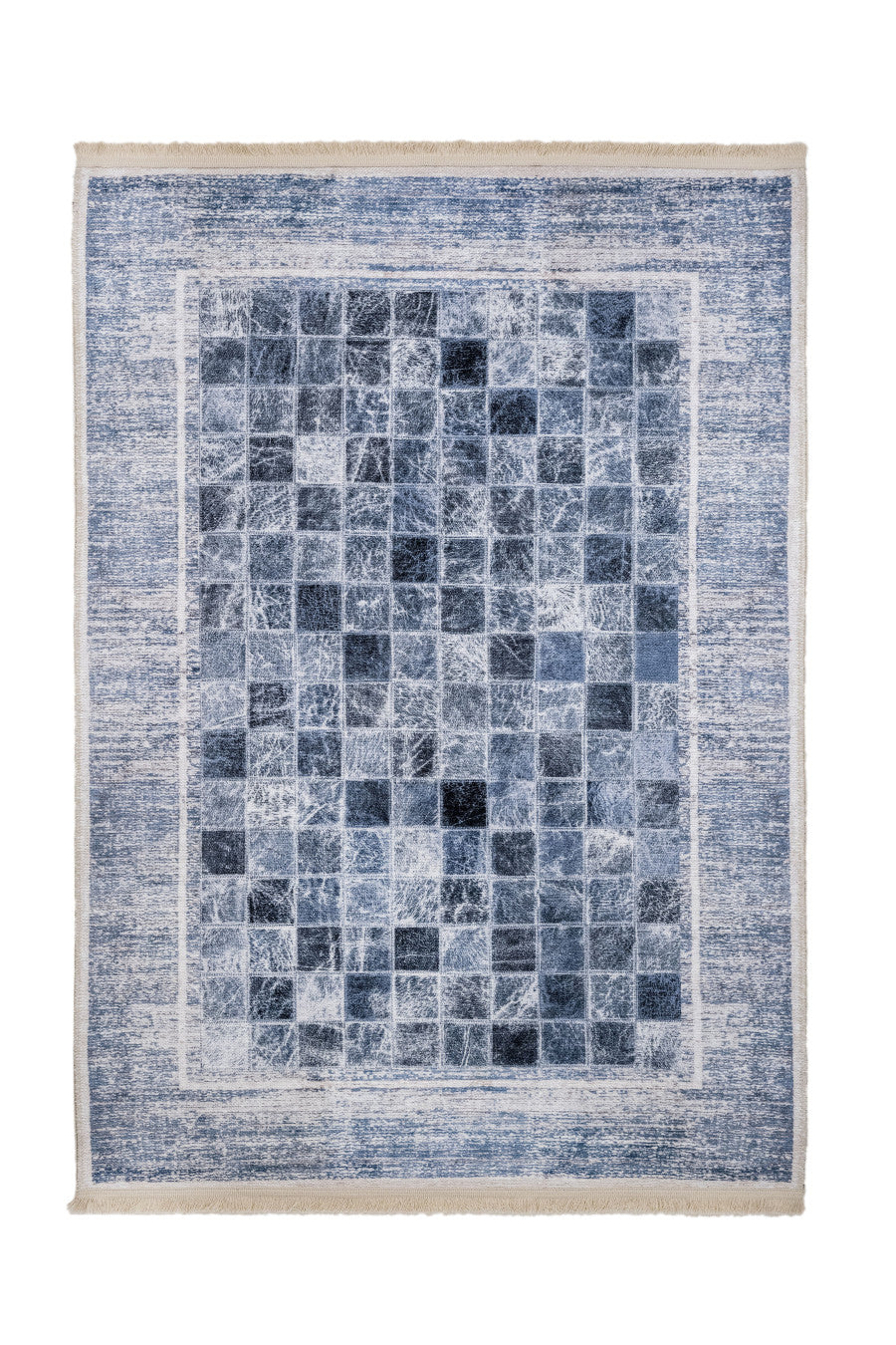 Blue Geometric Area Rug - Cotton Chenille Digital Print Carpet for Living Room