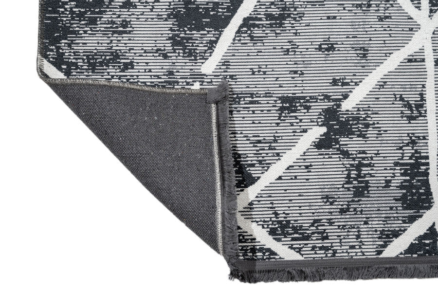 Geometric Area Rug - Black Grey Cotton Chenille Digital Print Carpet for Living Room