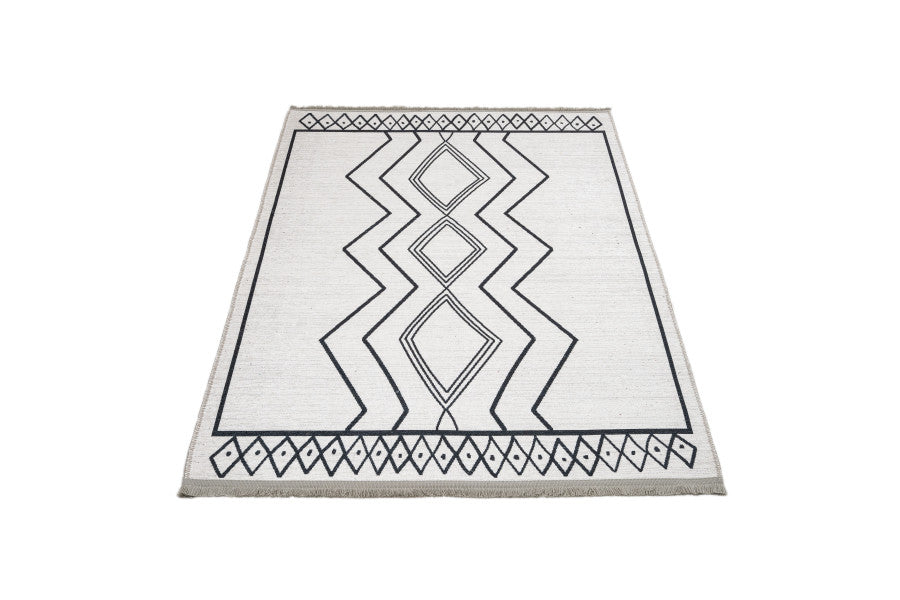 Geometric Cotton Rug – White Chenille Area Rug with Digital Print Design