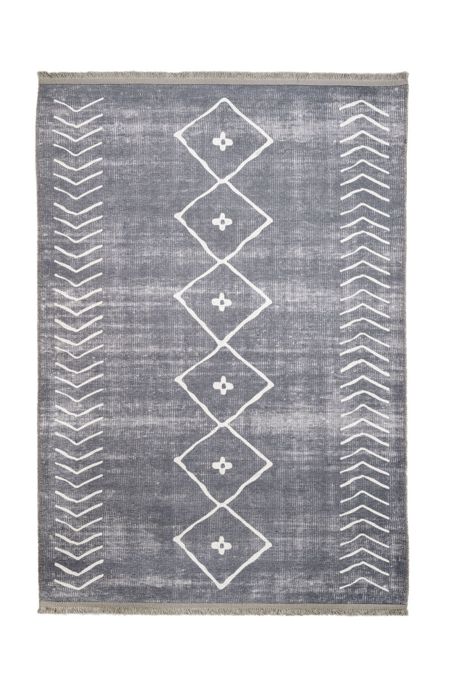 Geometric Area Rug – Grey Cotton Chenille Digital Print Carpet for Living Room